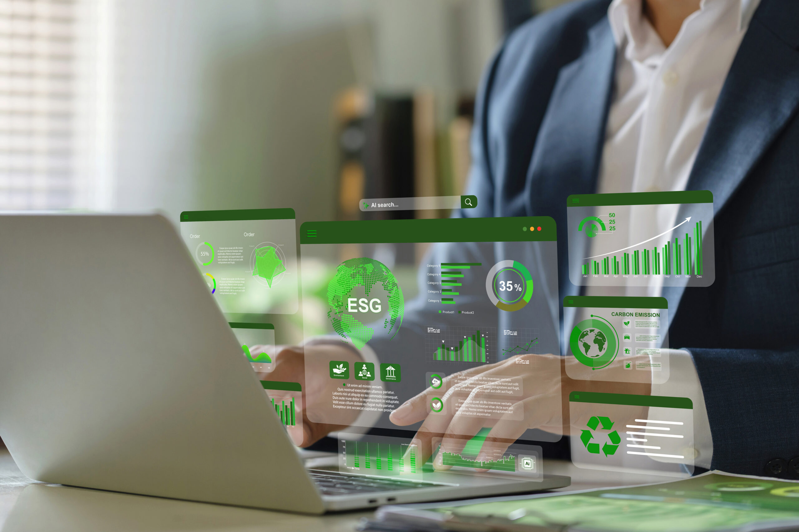 ESG environmental social governance investment business concept. A businessman uses a laptop to analyze ESG, CO2 in business investment strategy with Green business. Sustainable business practice.SDGs